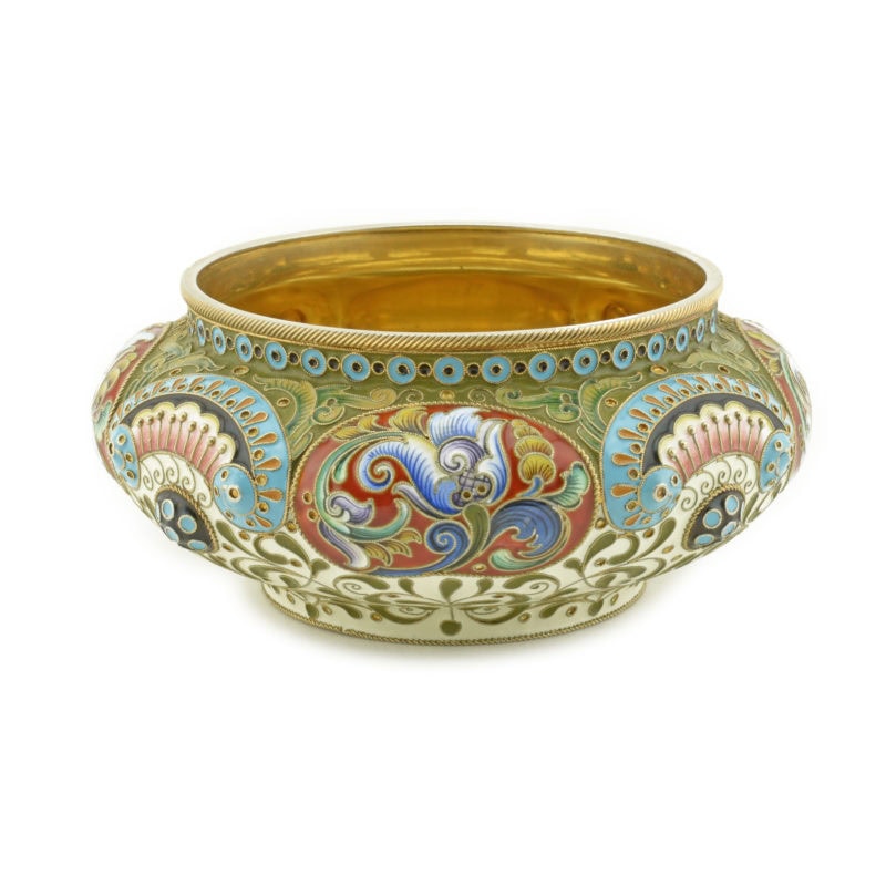 An impressive gilded silver & shaded cloisonné enamel bowl with tulips by Feodor Rückert - Image 2