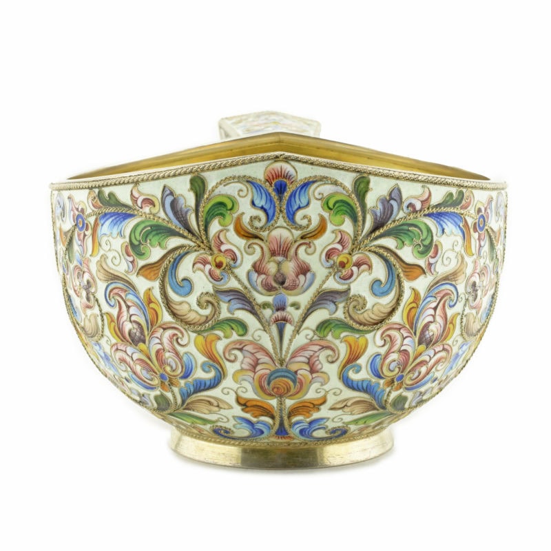 Large Rückert shaded cloisonné enamel kovsh retailed by Britzin - Image 3