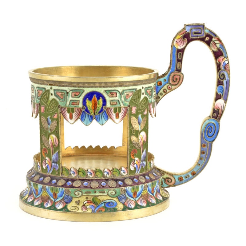 Russian gilded silver & shaded cloisonné enamel tea glass holder by Moscow's 6th Artel