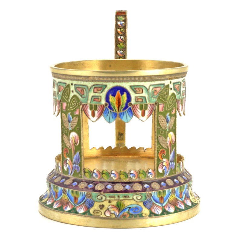 Russian gilded silver & shaded cloisonné enamel tea glass holder by Moscow's 6th Artel - Image 2