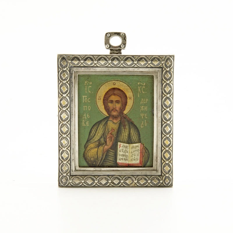 A Fabergé silver-mounted icon of Christ Pantocrator