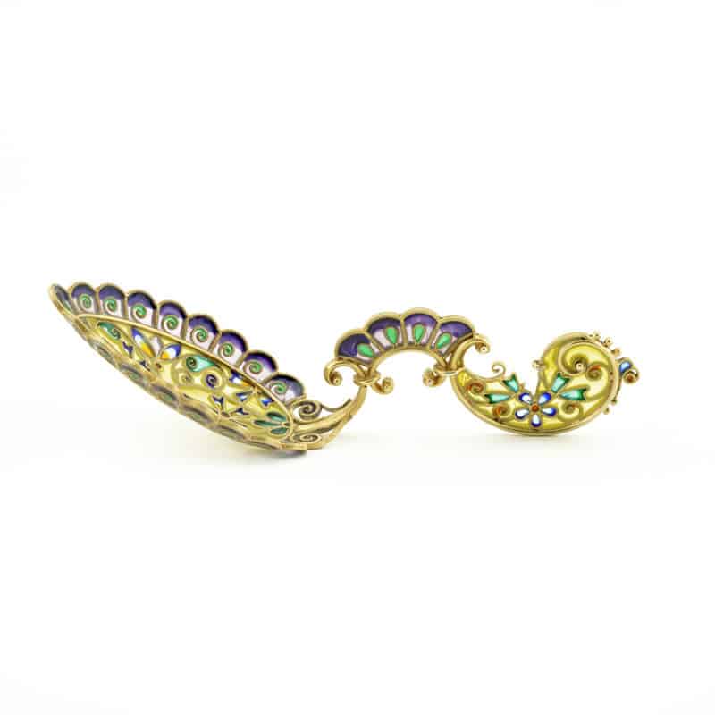 Antique Norwegian gilded silver & plique-à-jour enamel caddy spoon by David Andersen