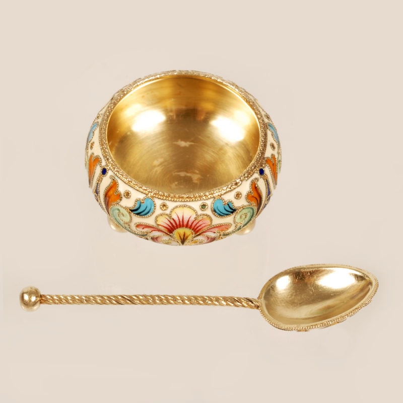 Feodor Rückert shaded cloisonné enamel open salt with spoon - Image 2