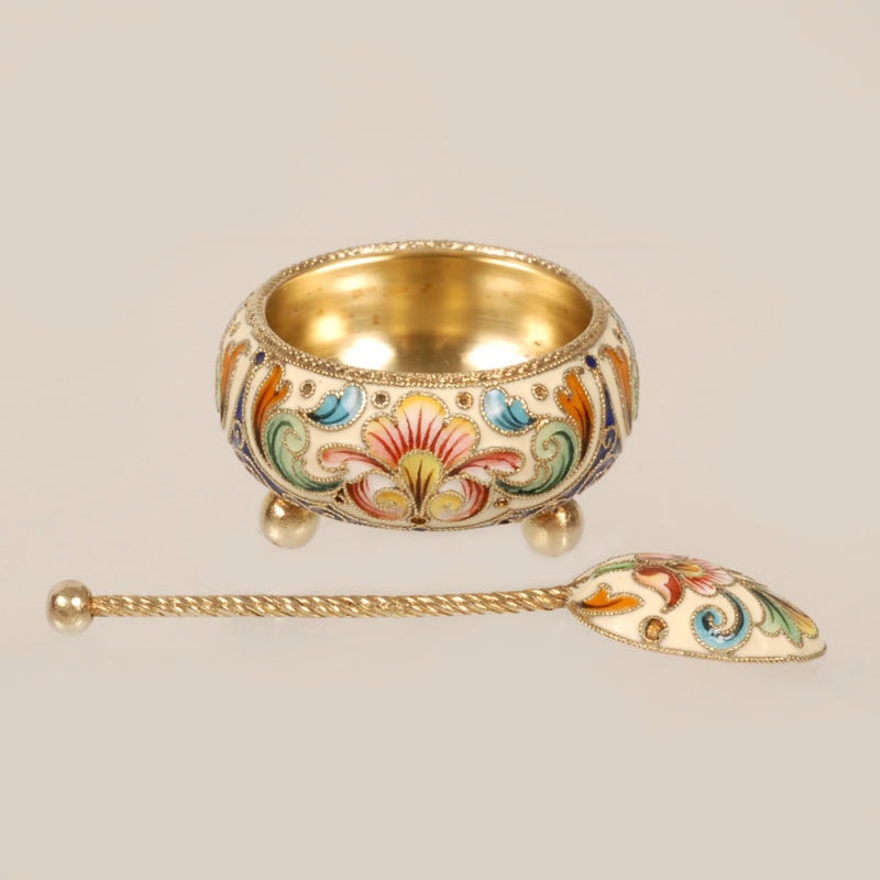 Feodor Rückert shaded cloisonné enamel open salt with spoon