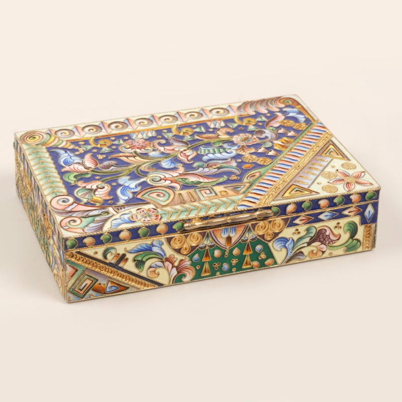 Antique Russian shaded cloisonné enamel table cigarette box by Konstantin Skvortsov