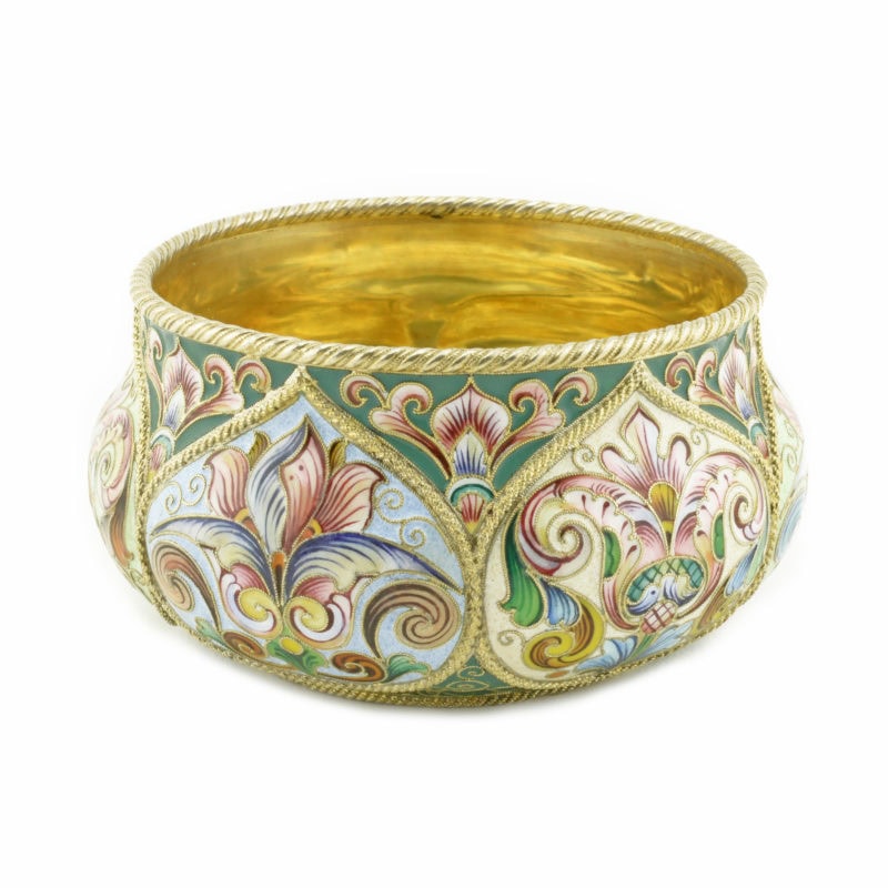 An antique Russian shaded cloisonné enamel bowl with tulips by Feodor Rückert - Image 3