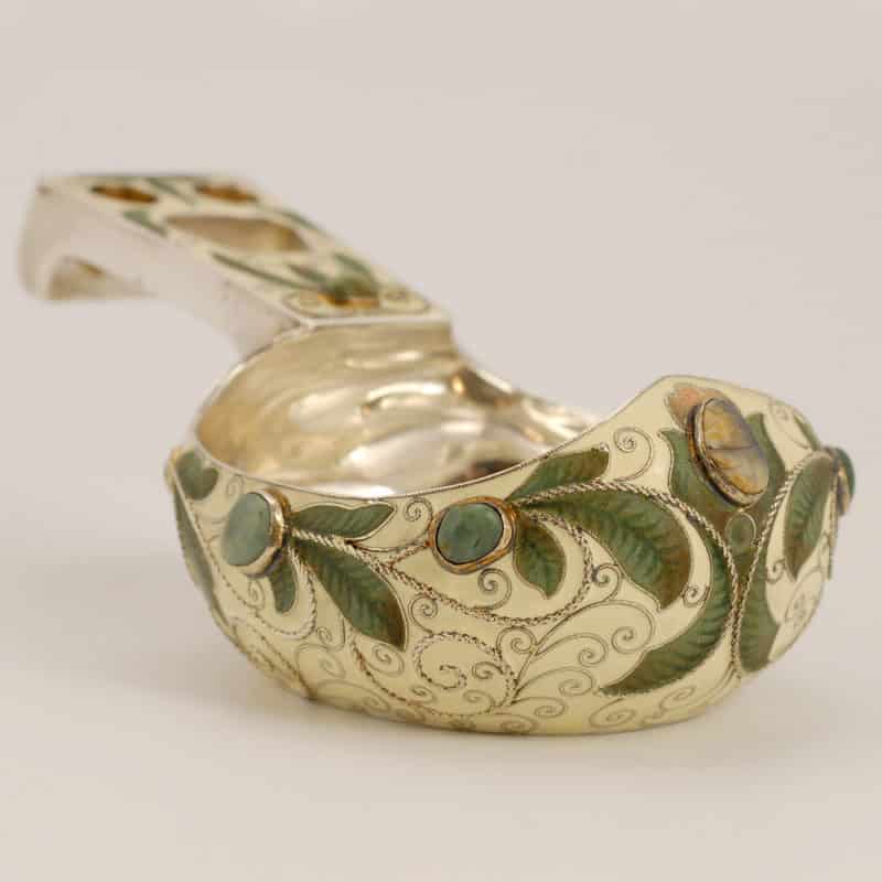 Feodor Rückert shaded & matte enamel kovsh set with cabochon hardstones